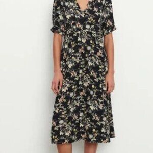 Ba&sh Floe Floral Midi Peasant Dress V Neck Short Sleeve Pleated. Size 0. BNWT